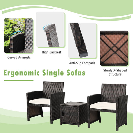 Juego de 3 Muebles de Mimbre para Patio con Mesa de Almacenamiento y Funda Protectora