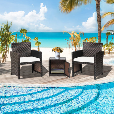 Juego de 3 Muebles de Mimbre para Patio con Mesa de Almacenamiento y Funda Protectora
