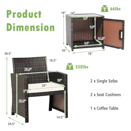 Juego de 3 Muebles de Mimbre para Patio con Mesa de Almacenamiento y Funda Protectora