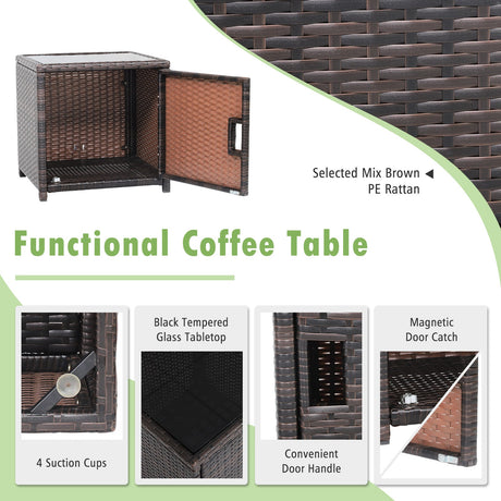 Juego de 3 Muebles de Mimbre para Patio con Mesa de Almacenamiento y Funda Protectora
