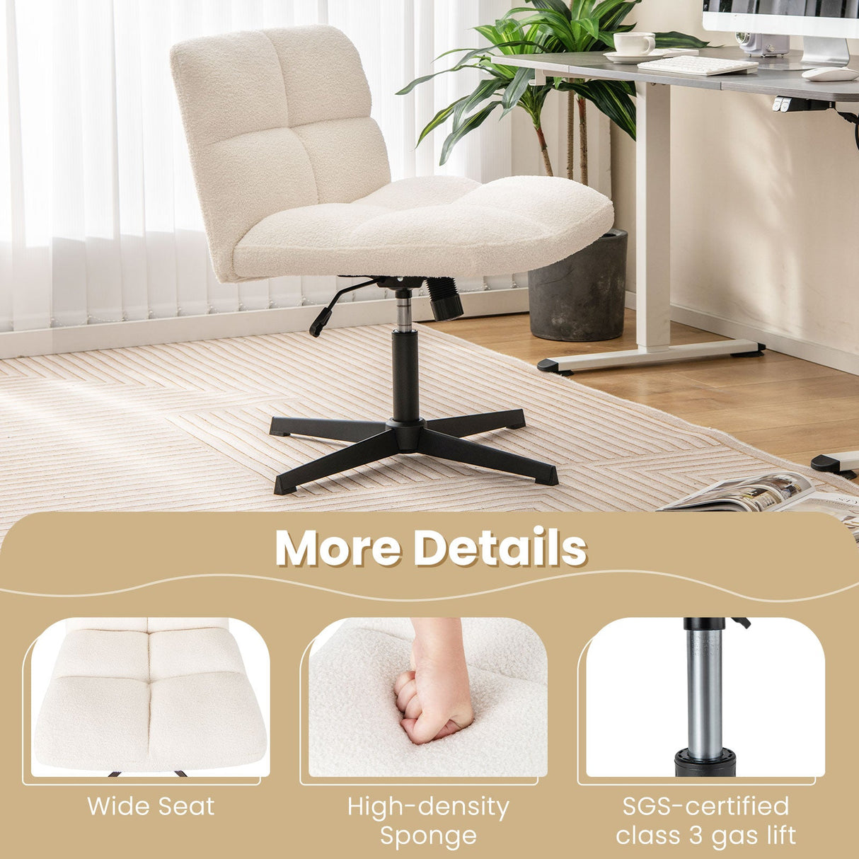 Silla de oficina sin brazos con patas cruzadas, forro polar de imitación de cordero y altura ajustable