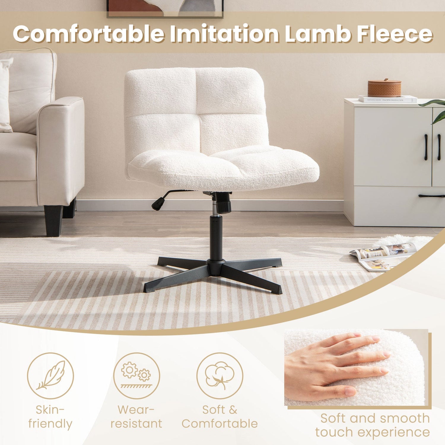 Silla de oficina sin brazos con patas cruzadas, forro polar de imitación de cordero y altura ajustable