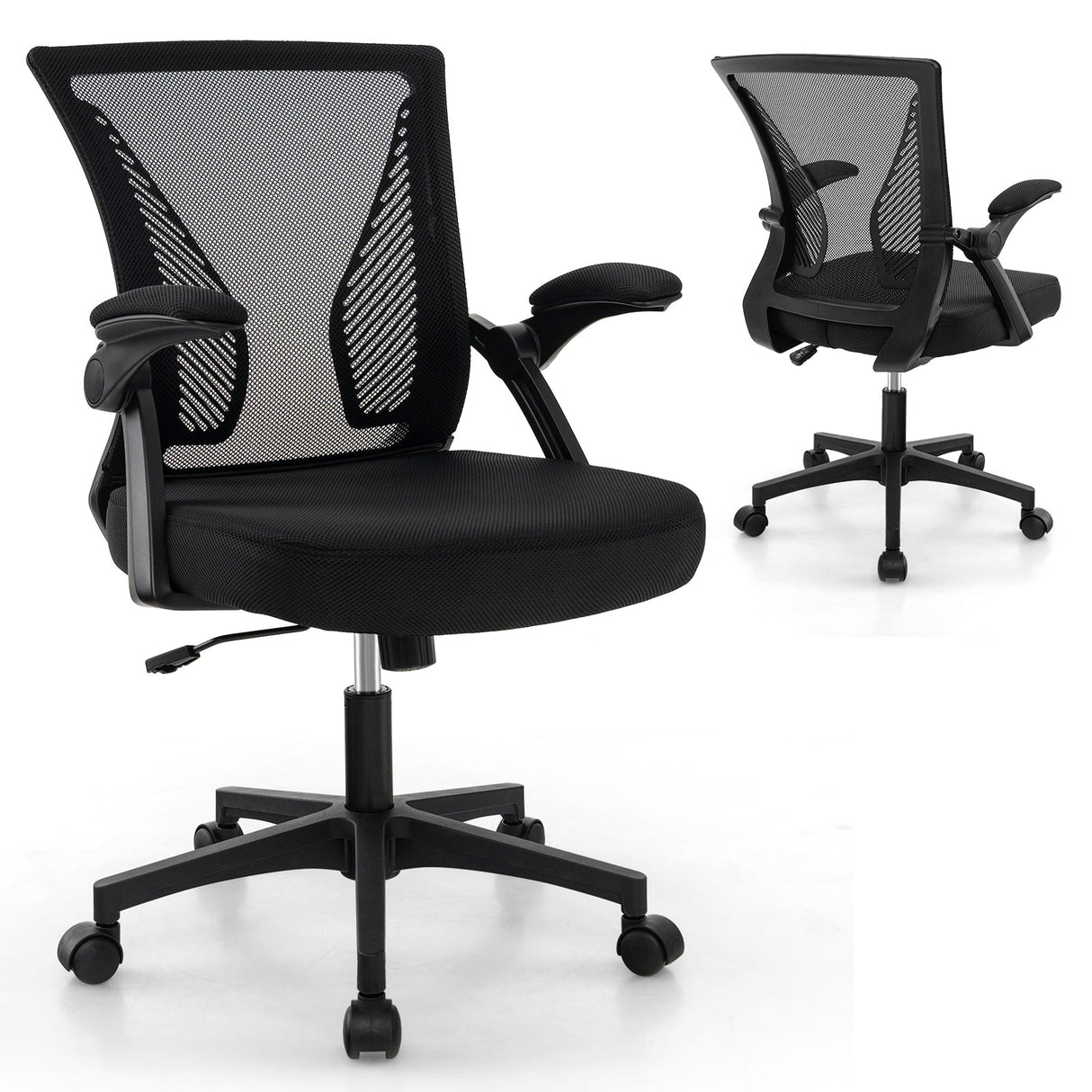 Silla de oficina ergonómica, silla giratoria ajustable con reposabrazos abatibles y respaldo reclinable - Negro
