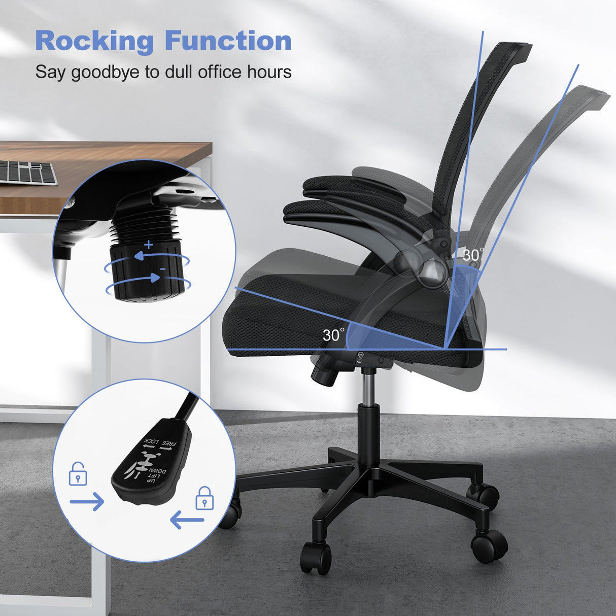 Silla de oficina ergonómica, silla giratoria ajustable con reposabrazos abatibles y respaldo reclinable - Negro