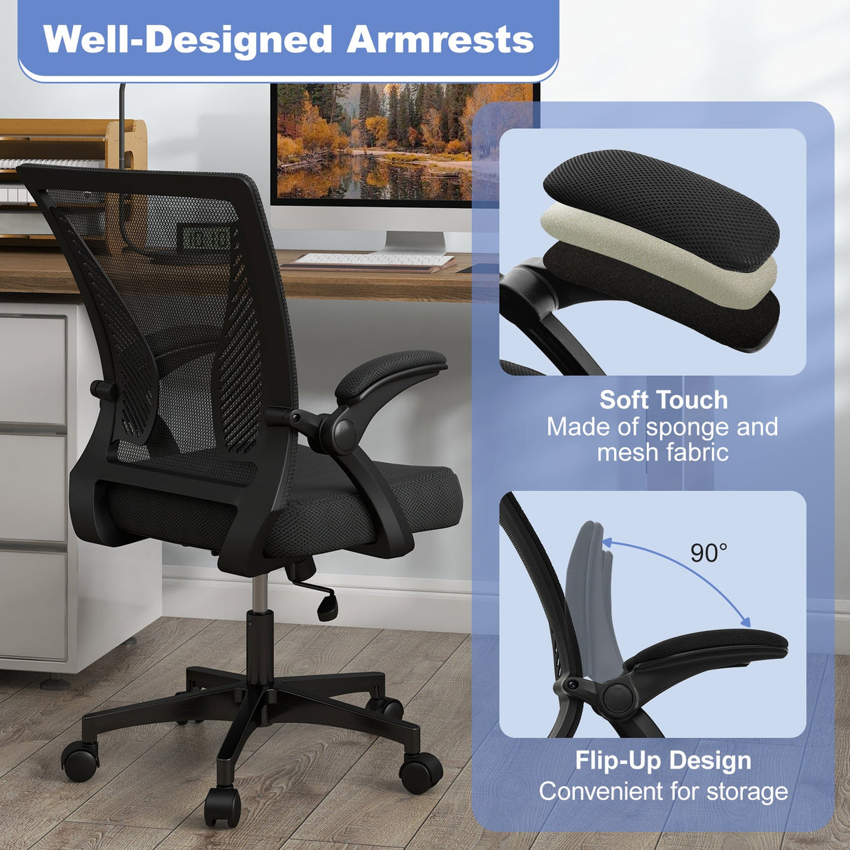 Silla de oficina ergonómica, silla giratoria ajustable con reposabrazos abatibles y respaldo reclinable - Negro