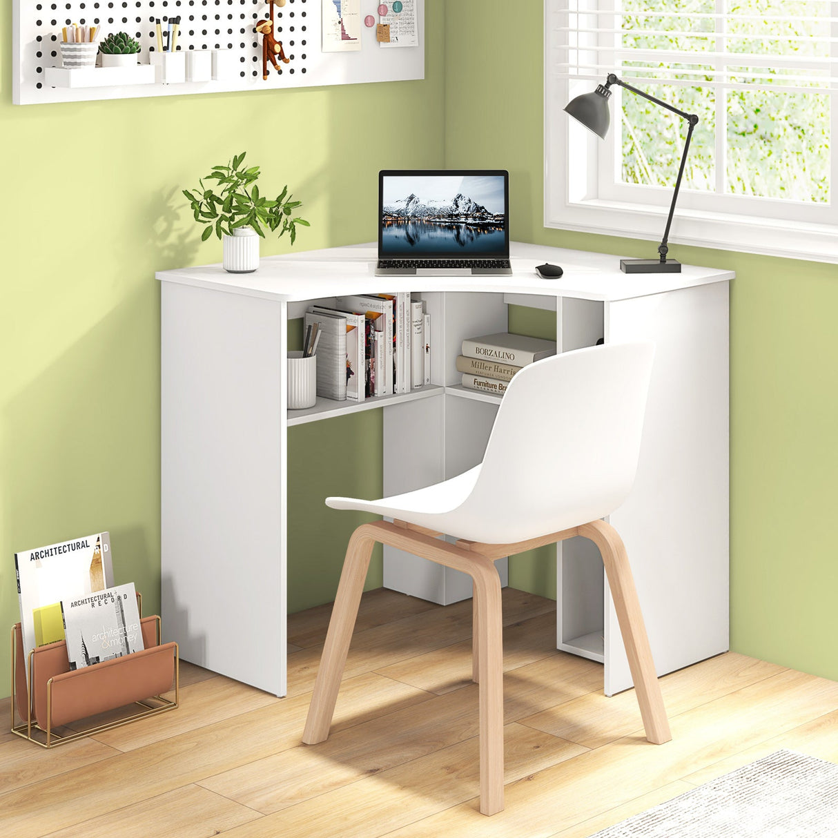 Escritorio esquinero para computadora, escritorio triangular para oficina en casa con estante ajustable y perfil en forma de arco