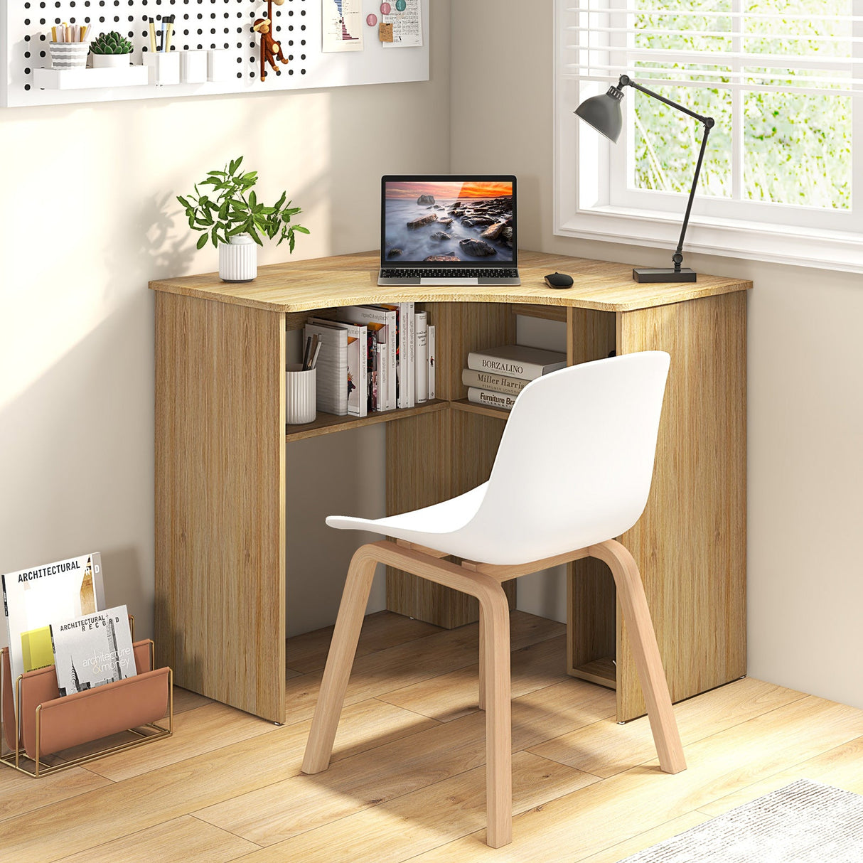 Escritorio esquinero para computadora, escritorio triangular para oficina en casa con estante ajustable y perfil en forma de arco