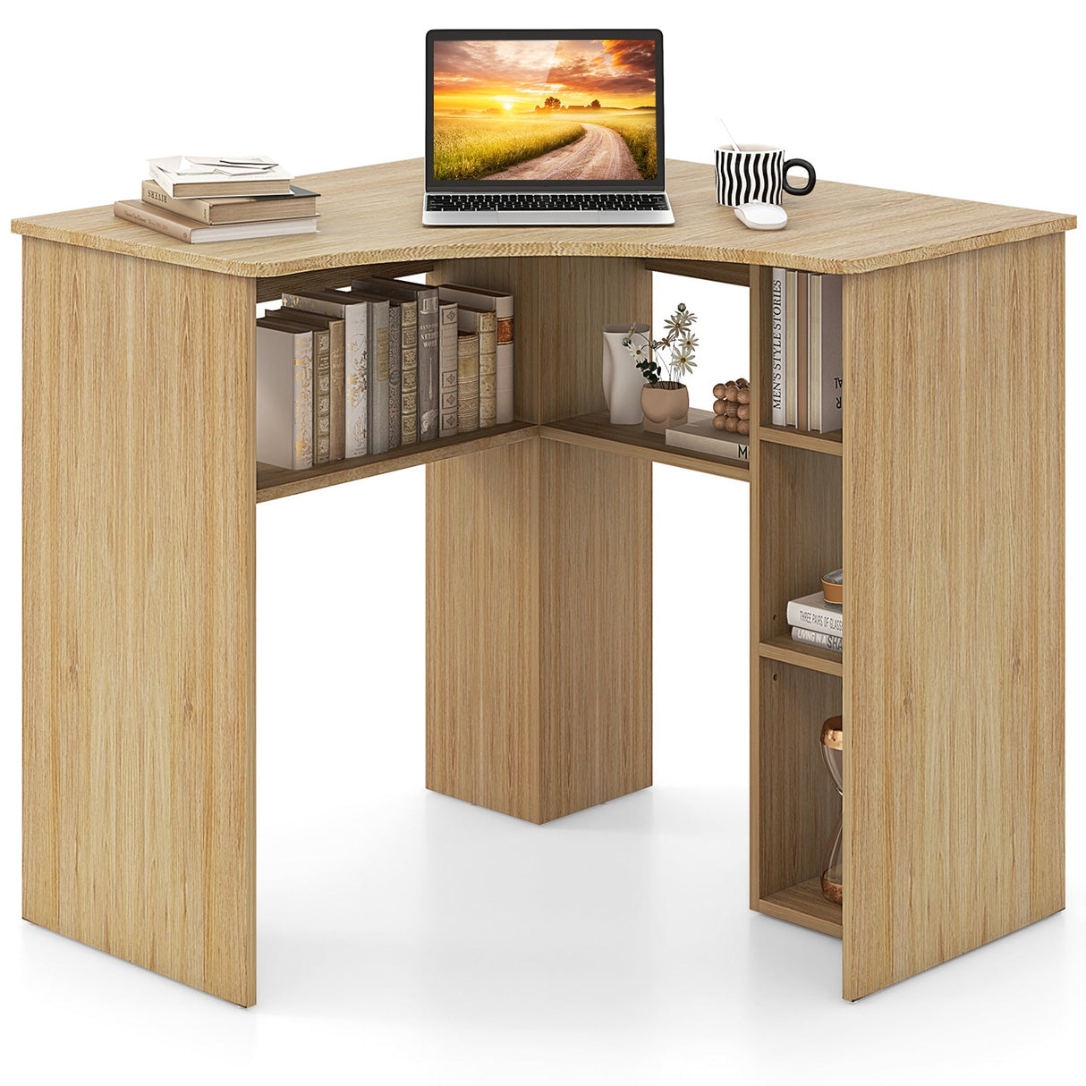 Escritorio esquinero para computadora, escritorio triangular para oficina en casa con estante ajustable y perfil en forma de arco