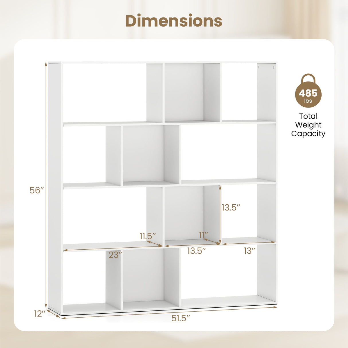 Open Shelf Bookcase 4-Tier Modern Bookshelf with 12 Storage Compartments-White