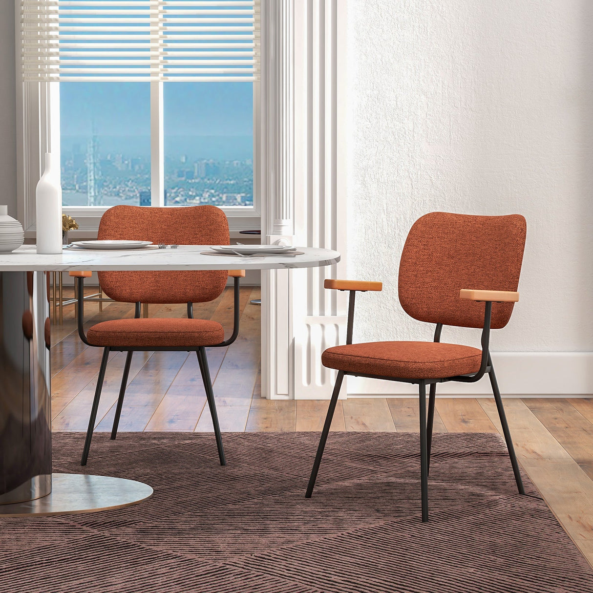 Set of 2 Modern Fabric Dining Chairs with Armrest and Curved Backrest