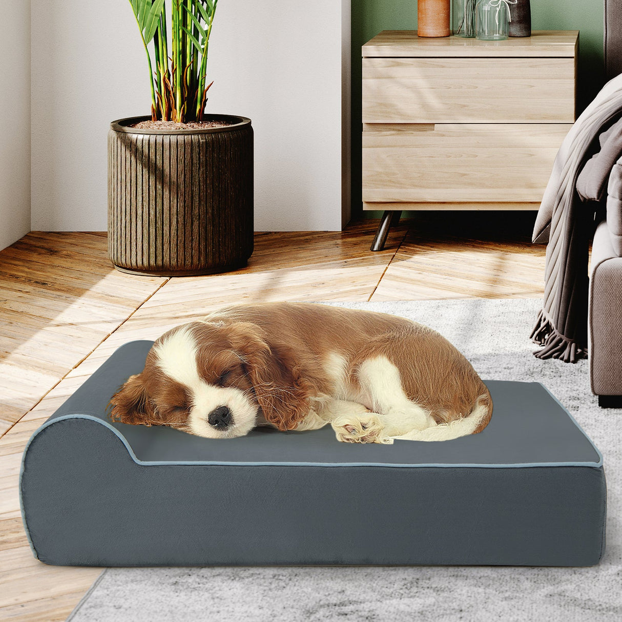 Cama Ortopédica para Perros con Cabecero y Funda Lavable Extraíble-Gris
