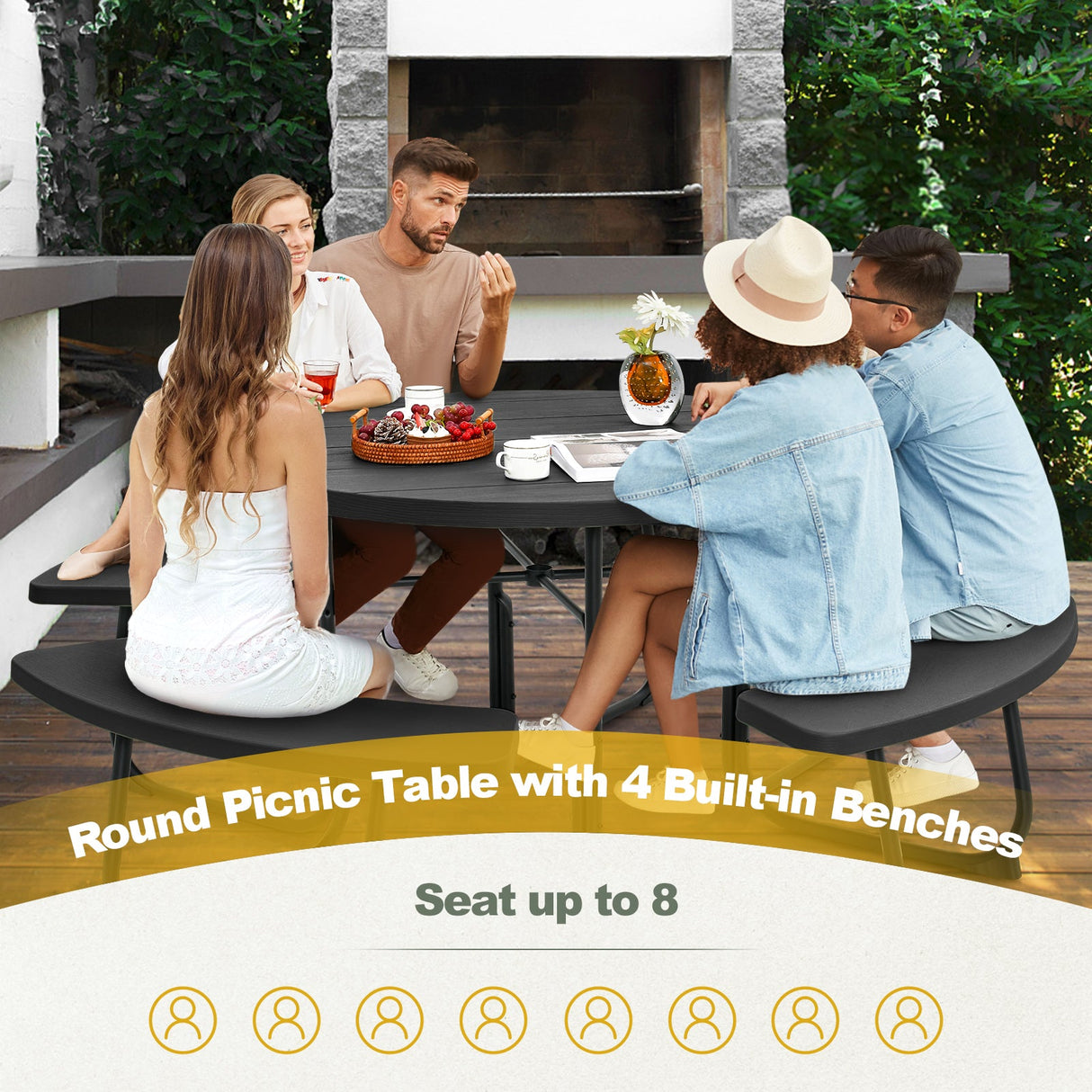 Juego de mesa y bancos de picnic al aire libre para 8 personas con orificio para sombrilla