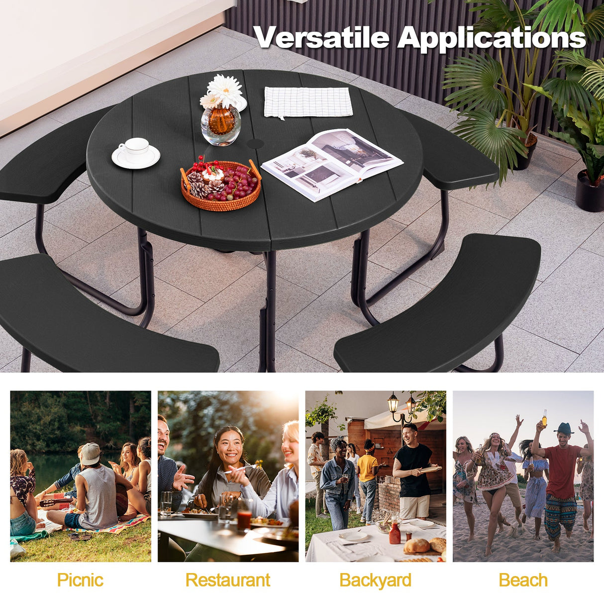 Juego de mesa y bancos de picnic al aire libre para 8 personas con orificio para sombrilla
