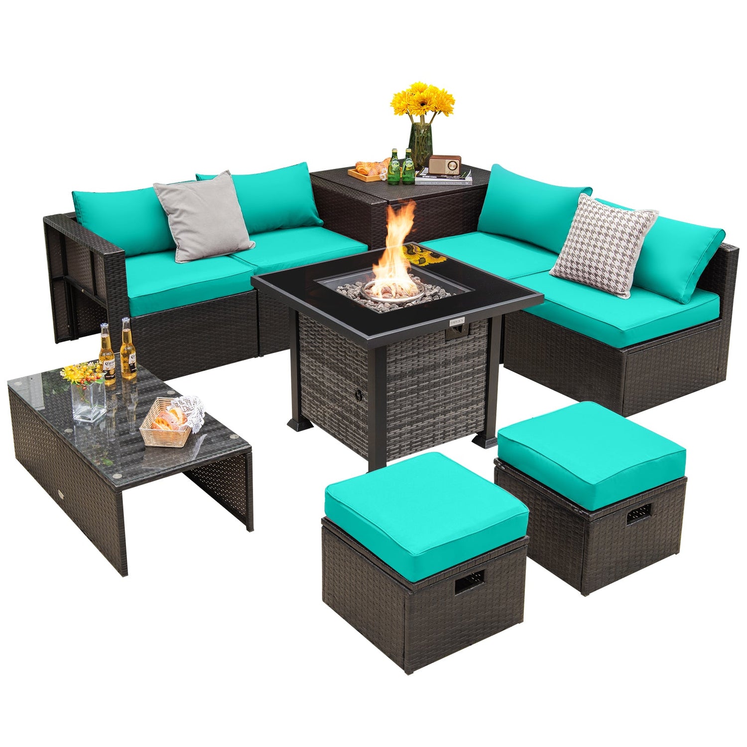 Juego de muebles de patio de 9 piezas para exteriores con mesa de fogata de propano de 50 000 BTU