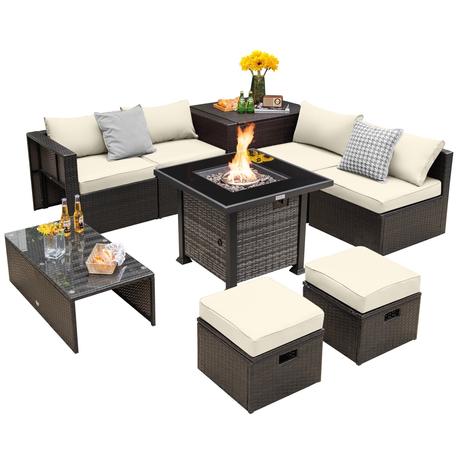 Juego de muebles de patio de 9 piezas para exteriores con mesa de fogata de propano de 50 000 BTU