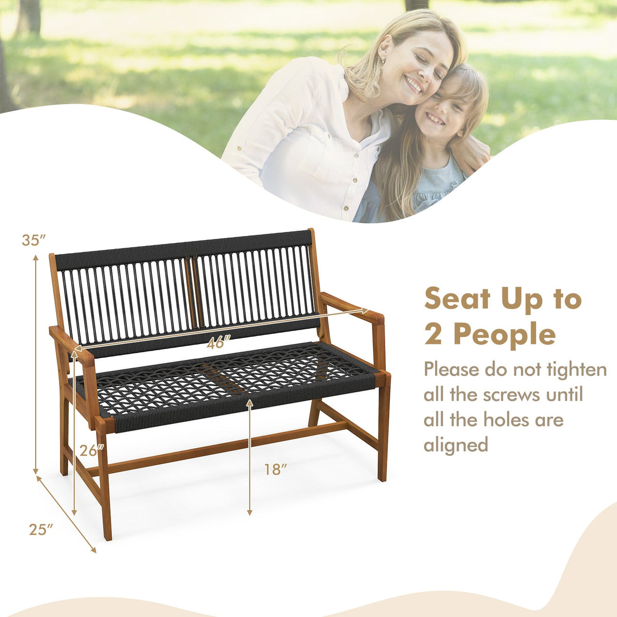 Outdoor Acacia Wood Bench with Rope Woven Backrest and Armrests for 2-Person