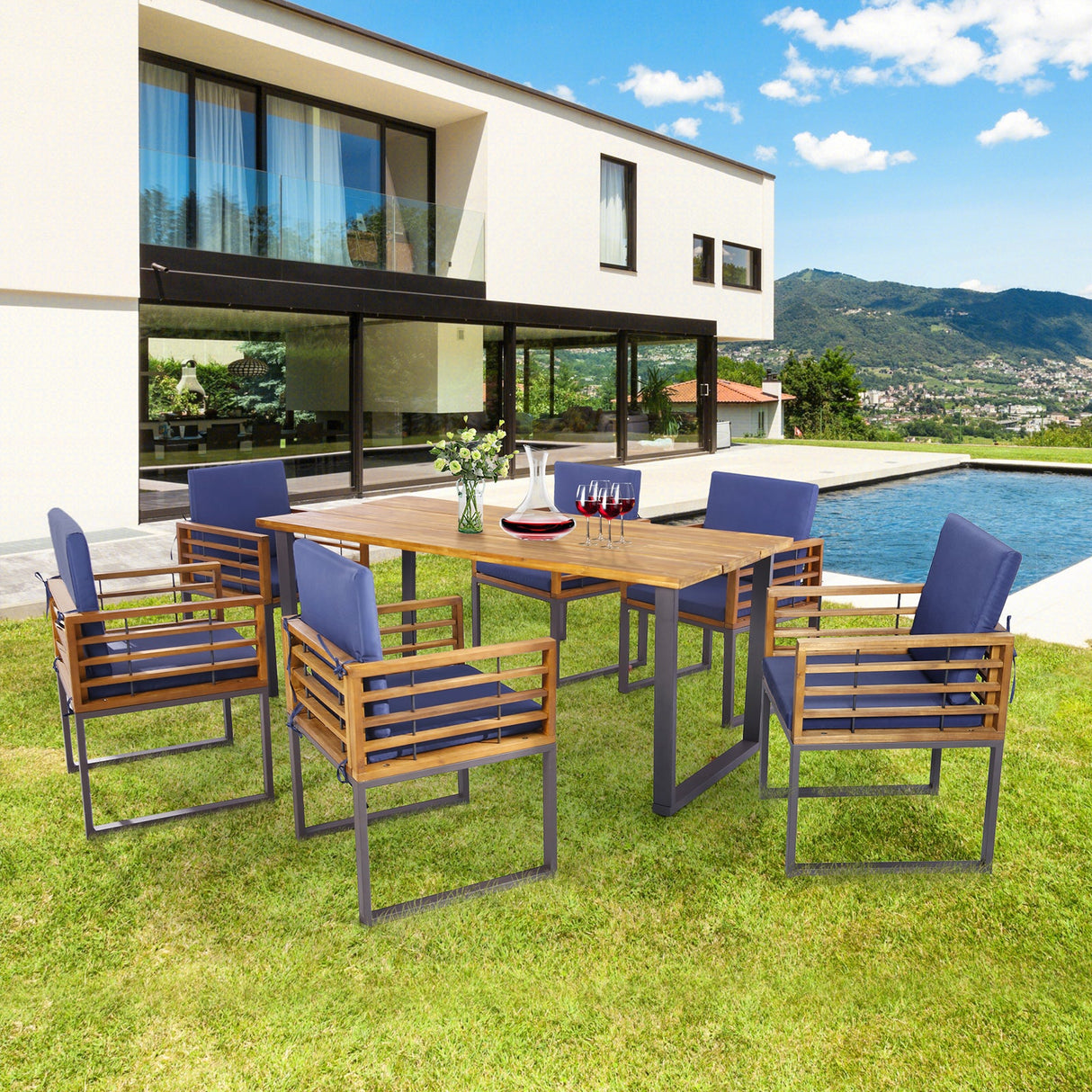 Juego de 6 sillas de comedor de patio de madera de acacia para exteriores con cojines de respaldo - Azul marino