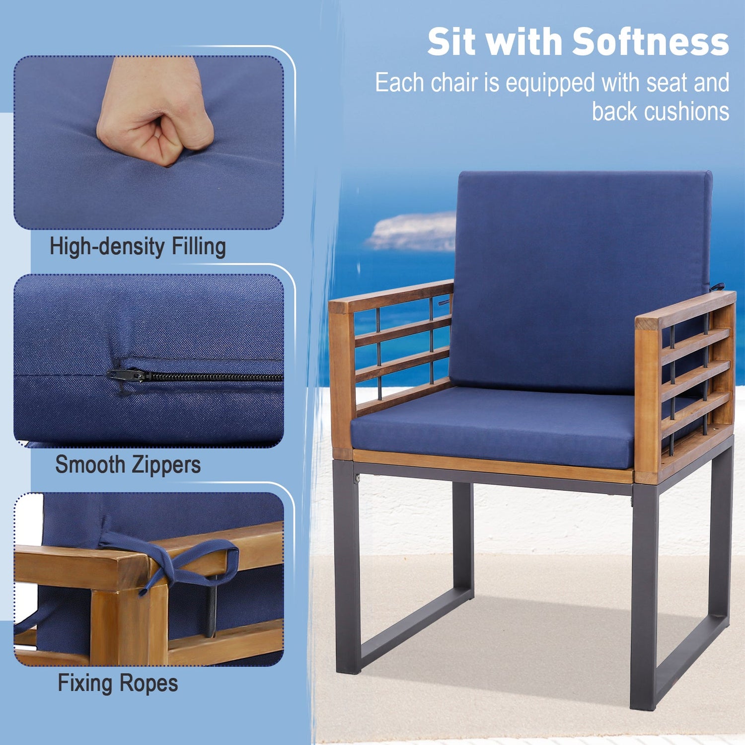 Juego de 6 sillas de comedor de patio de madera de acacia para exteriores con cojines de respaldo - Azul marino
