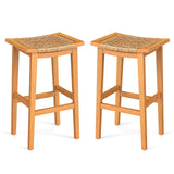 Outdoor Acacia Wood Bar Stools Set of 2 with PE Rattan Seats and Backrests