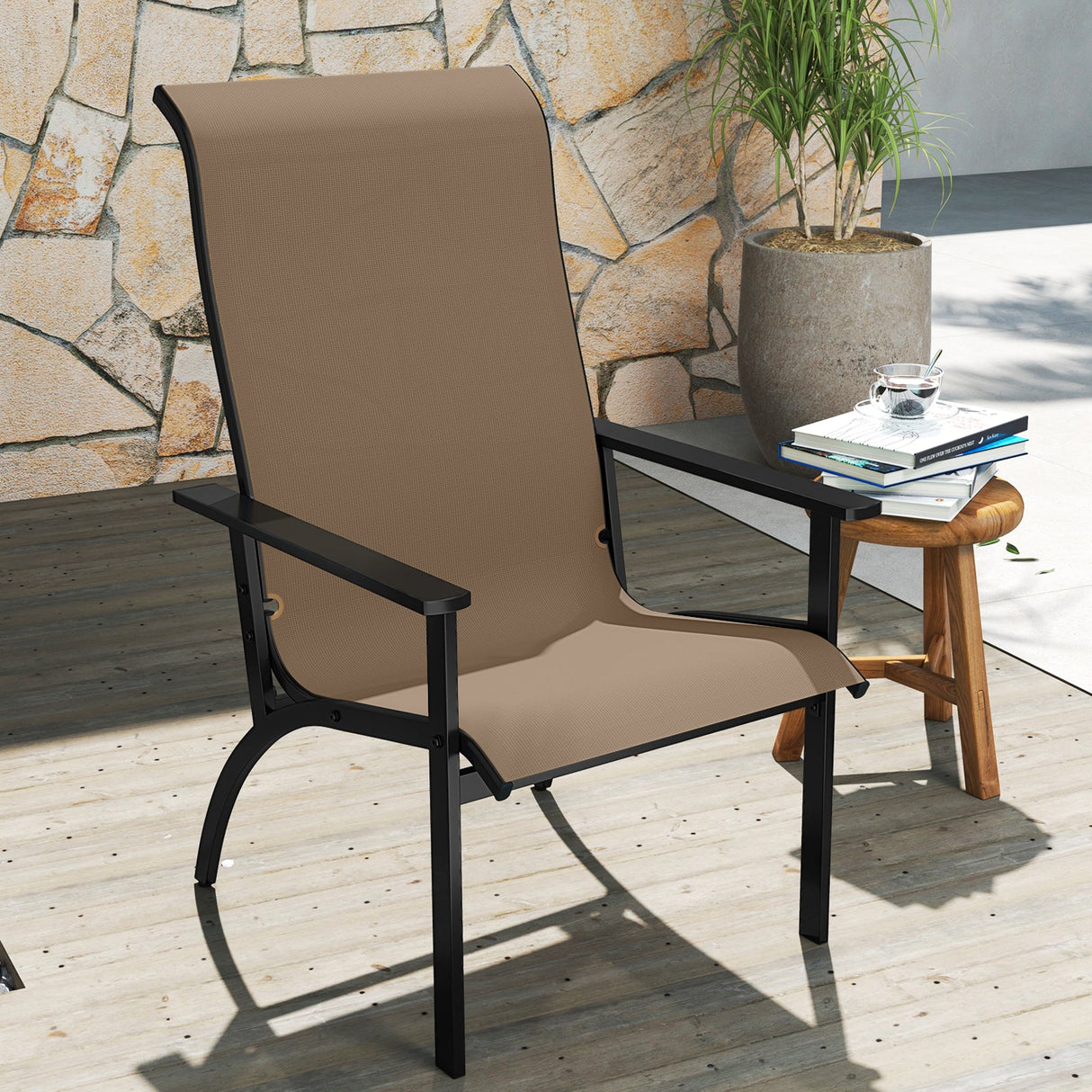 Sillón Adirondack de exterior con respaldo alto y estructura de metal para jardín o porche - Café