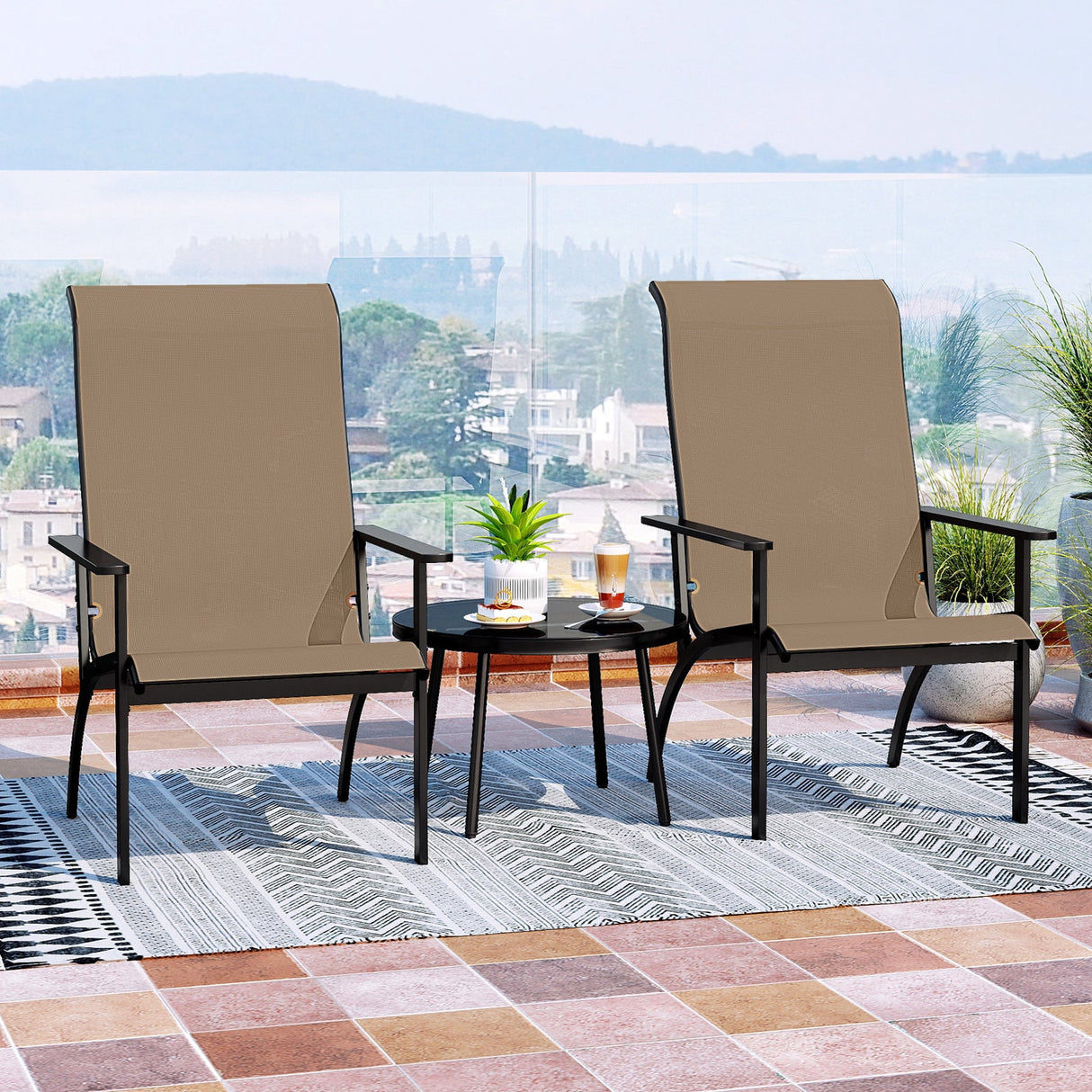 Sillón Adirondack de exterior con respaldo alto y estructura de metal para jardín o porche - Café