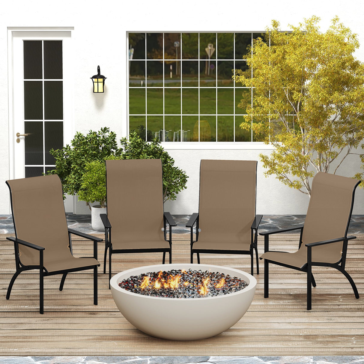 Sillón Adirondack de exterior con respaldo alto y estructura de metal para jardín o porche - Café