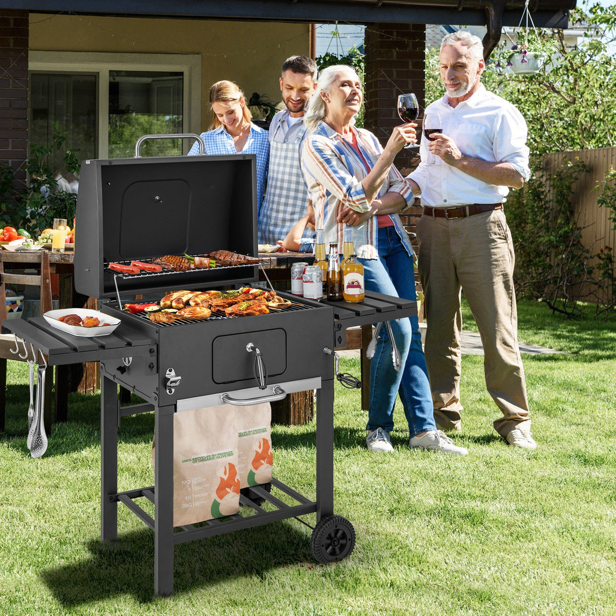 Parrilla de carbón para barbacoa exterior con 2 mesas laterales plegables y ruedas