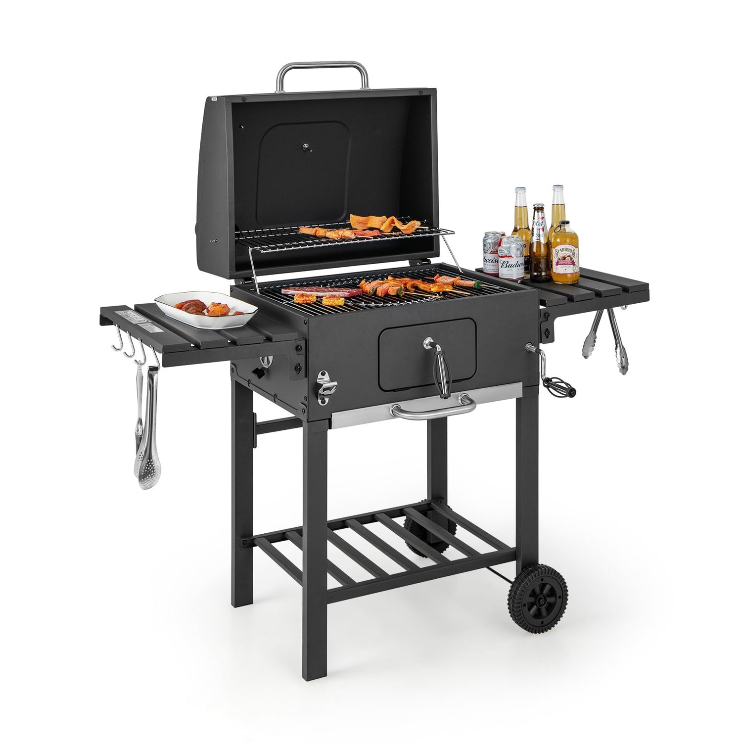 Parrilla de carbón para barbacoa exterior con 2 mesas laterales plegables y ruedas
