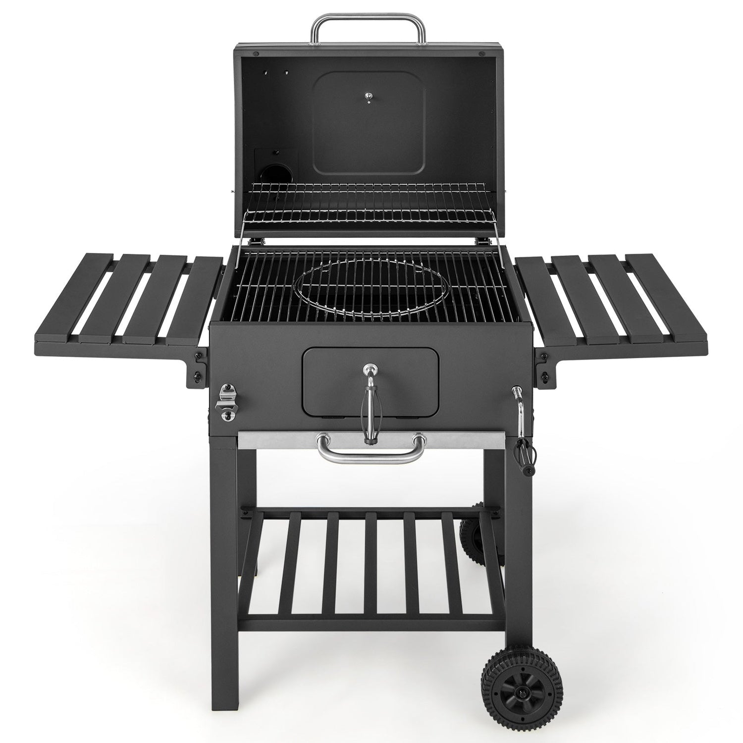 Parrilla de carbón para barbacoa exterior con 2 mesas laterales plegables y ruedas