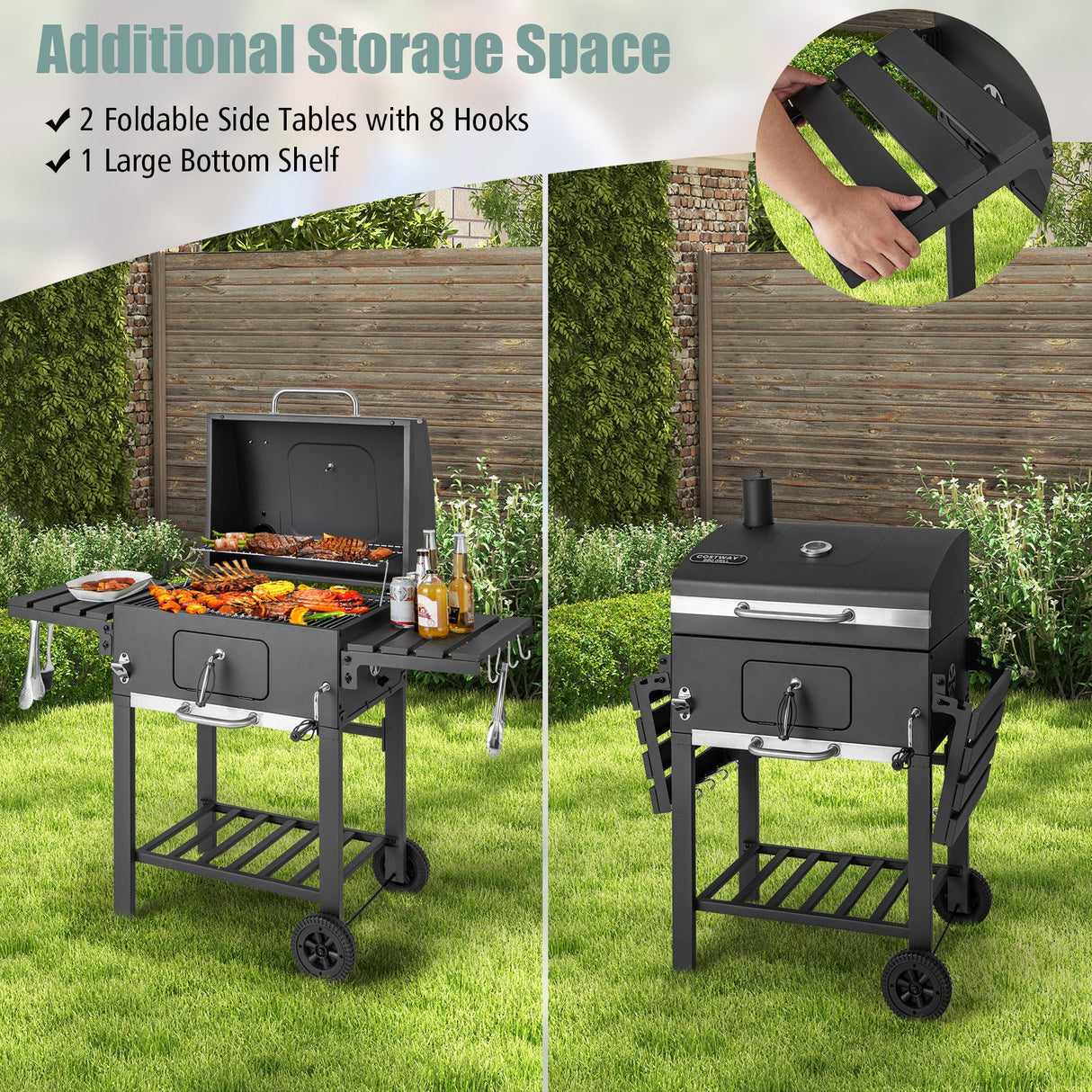 Parrilla de carbón para barbacoa exterior con 2 mesas laterales plegables y ruedas