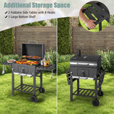 Parrilla de carbón para barbacoa exterior con 2 mesas laterales plegables y ruedas