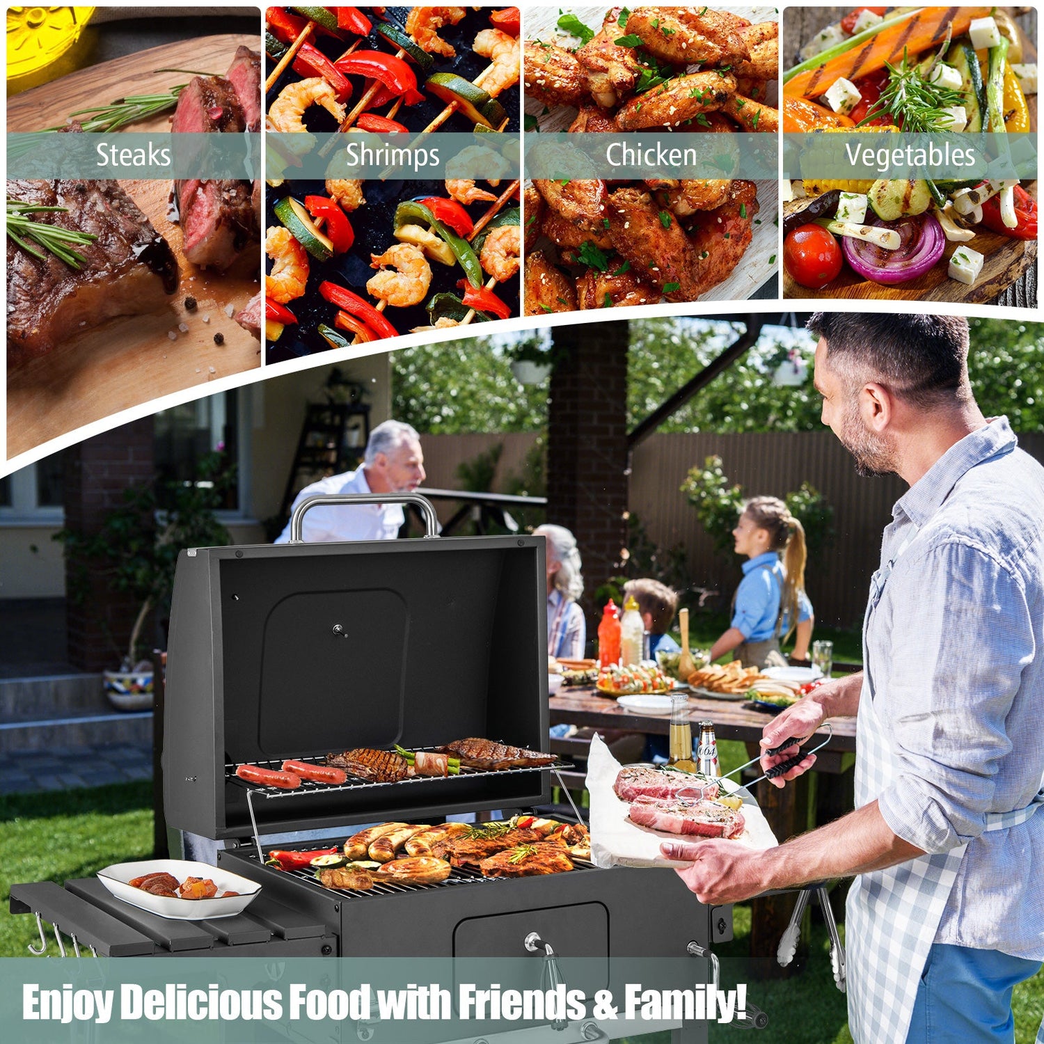 Parrilla de carbón para barbacoa exterior con 2 mesas laterales plegables y ruedas