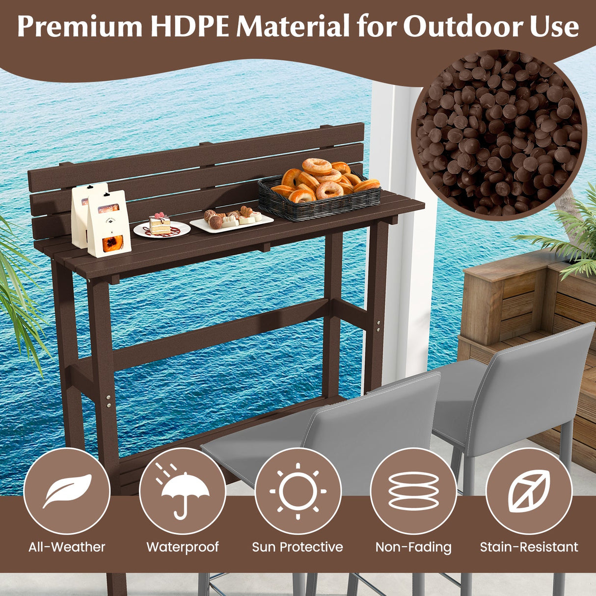Mesa de altura de pub para patio de 48 pulgadas con estante de almacenamiento y almohadillas ajustables para los pies