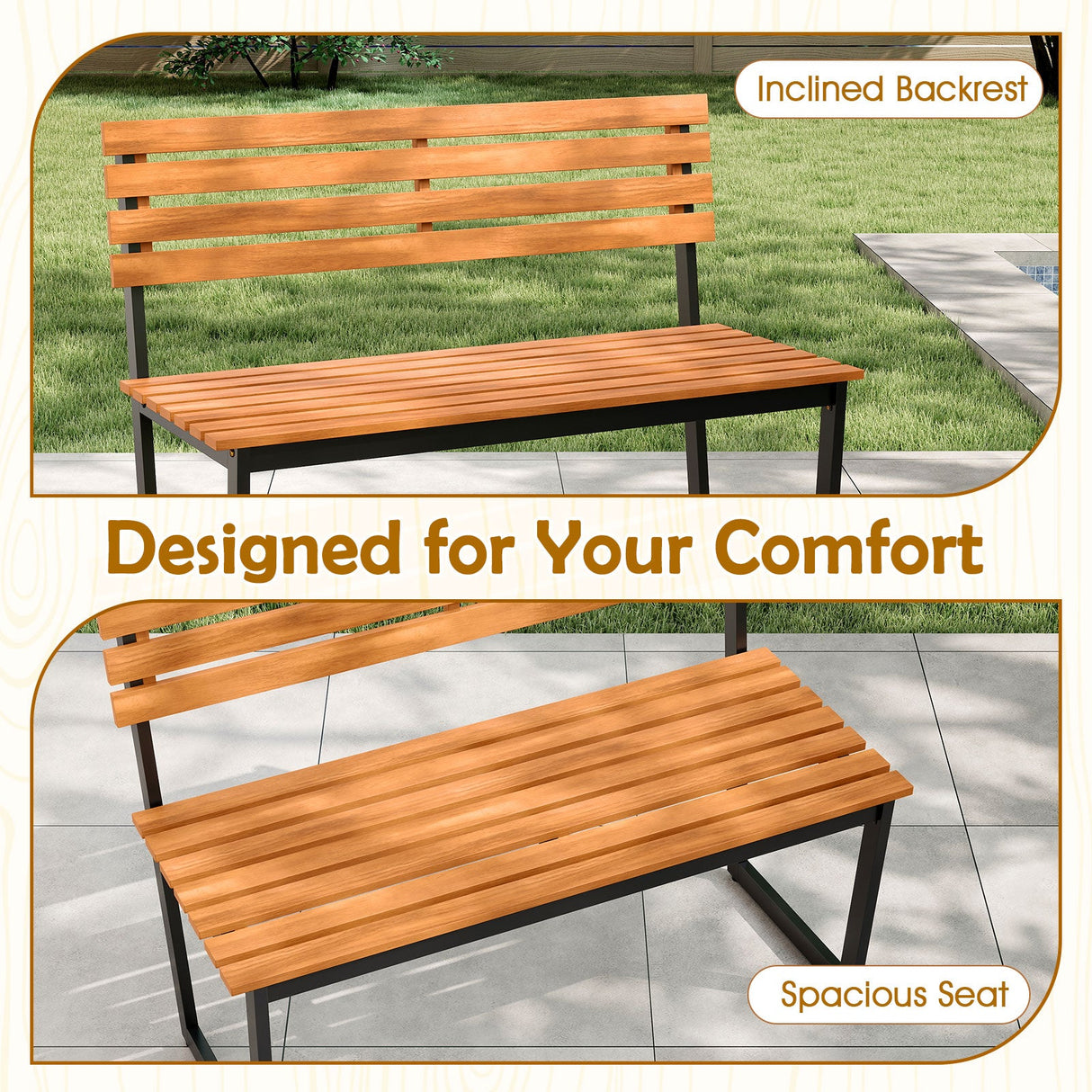 Banco de exterior Loveseat de patio de madera de acacia con respaldo y estructura de metal resistente