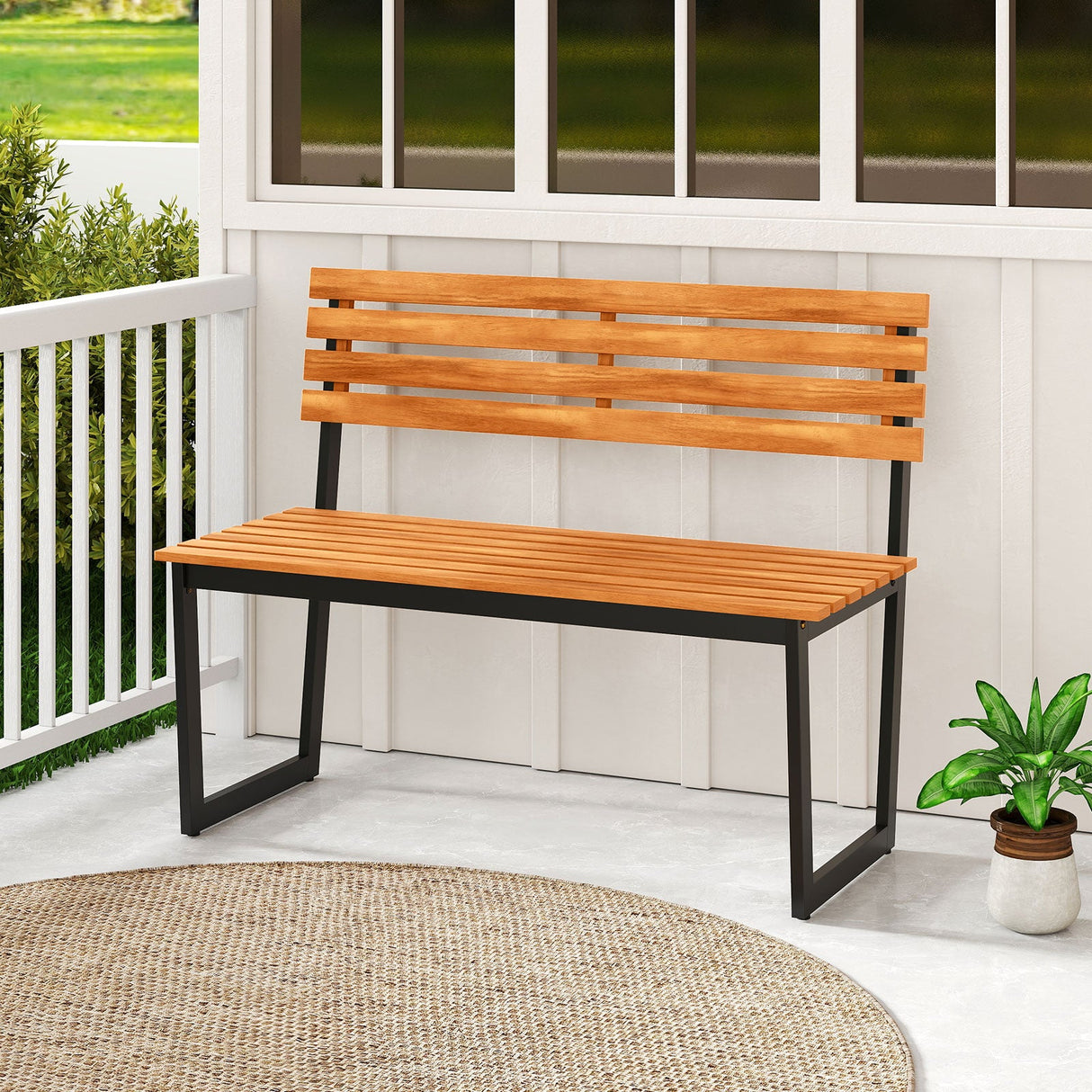 Banco de exterior Loveseat de patio de madera de acacia con respaldo y estructura de metal resistente