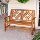 Outdoor Bench Wood 2-Person Patio Loveseat Chair with Geometric Backrest