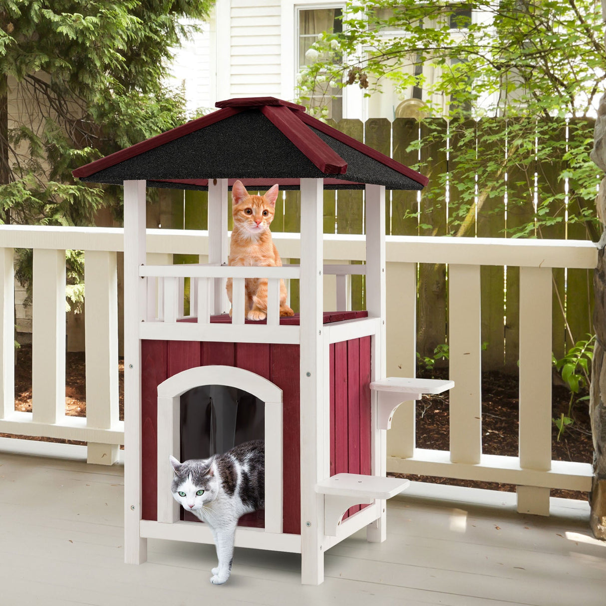 Casa de madera de 2 pisos para gatos con balcón de techo de asfalto y cortina de lluvia - Rojo y blanco