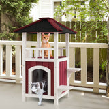 Casa de madera de 2 pisos para gatos con balcón de techo de asfalto y cortina de lluvia - Rojo y blanco