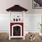 Casa de madera de 2 pisos para gatos con balcón de techo de asfalto y cortina de lluvia - Rojo y blanco