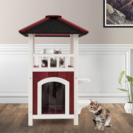Casa de madera de 2 pisos para gatos con balcón de techo de asfalto y cortina de lluvia - Rojo y blanco