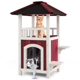 Casa de madera de 2 pisos para gatos con balcón de techo de asfalto y cortina de lluvia - Rojo y blanco