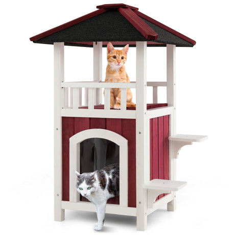 Casa de madera de 2 pisos para gatos con balcón de techo de asfalto y cortina de lluvia - Rojo y blanco