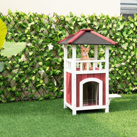 Casa de madera de 2 pisos para gatos con balcón de techo de asfalto y cortina de lluvia - Rojo y blanco