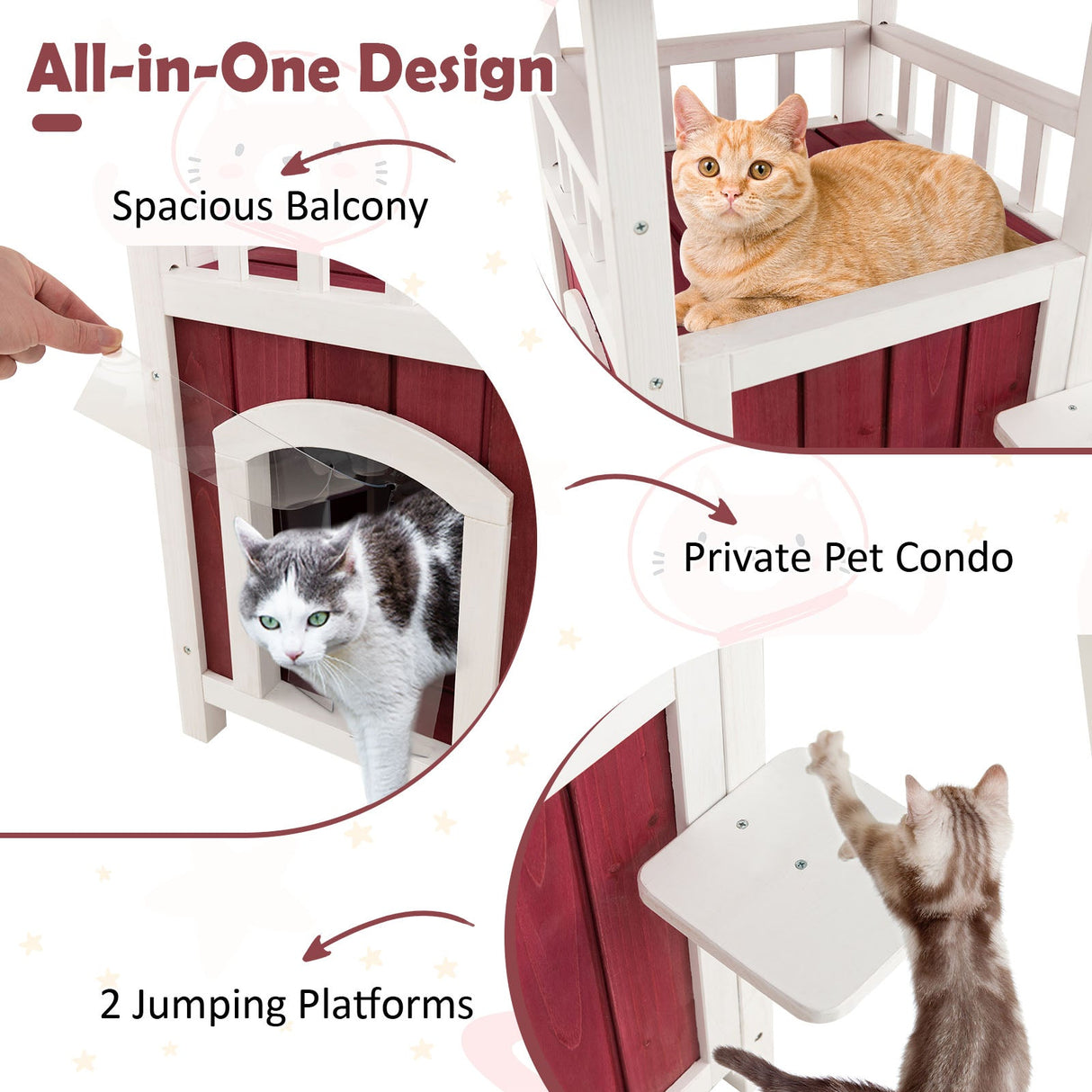Casa de madera de 2 pisos para gatos con balcón de techo de asfalto y cortina de lluvia - Rojo y blanco