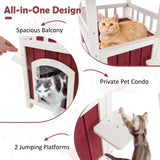 Casa de madera de 2 pisos para gatos con balcón de techo de asfalto y cortina de lluvia - Rojo y blanco