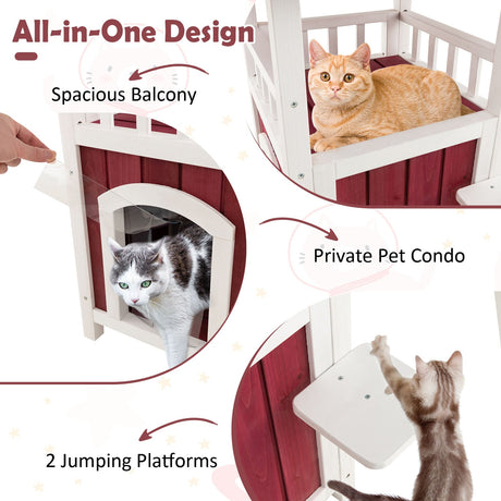 Casa de madera de 2 pisos para gatos con balcón de techo de asfalto y cortina de lluvia - Rojo y blanco