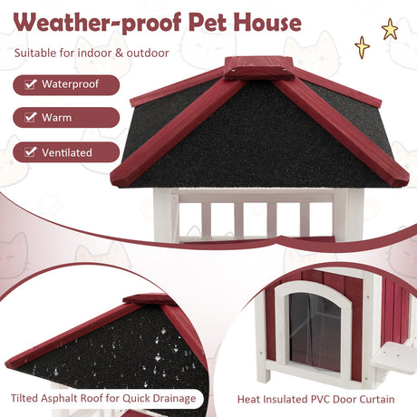 Casa de madera de 2 pisos para gatos con balcón de techo de asfalto y cortina de lluvia - Rojo y blanco
