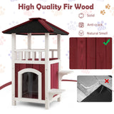 Casa de madera de 2 pisos para gatos con balcón de techo de asfalto y cortina de lluvia - Rojo y blanco