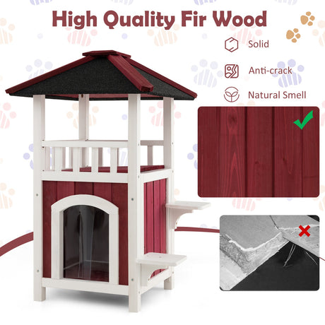 Casa de madera de 2 pisos para gatos con balcón de techo de asfalto y cortina de lluvia - Rojo y blanco
