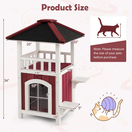 Casa de madera de 2 pisos para gatos con balcón de techo de asfalto y cortina de lluvia - Rojo y blanco